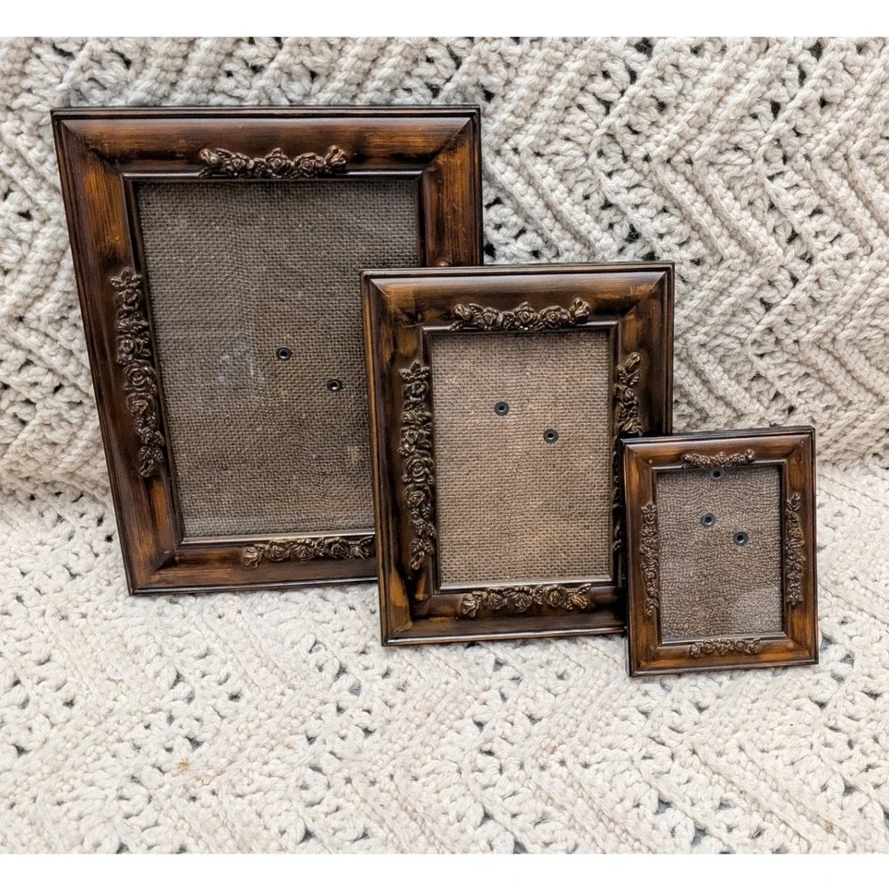 Vintage Rose Floral Picture Frame Set 3pc Dark Faux Wood Finish 2x3 4x6 5x7